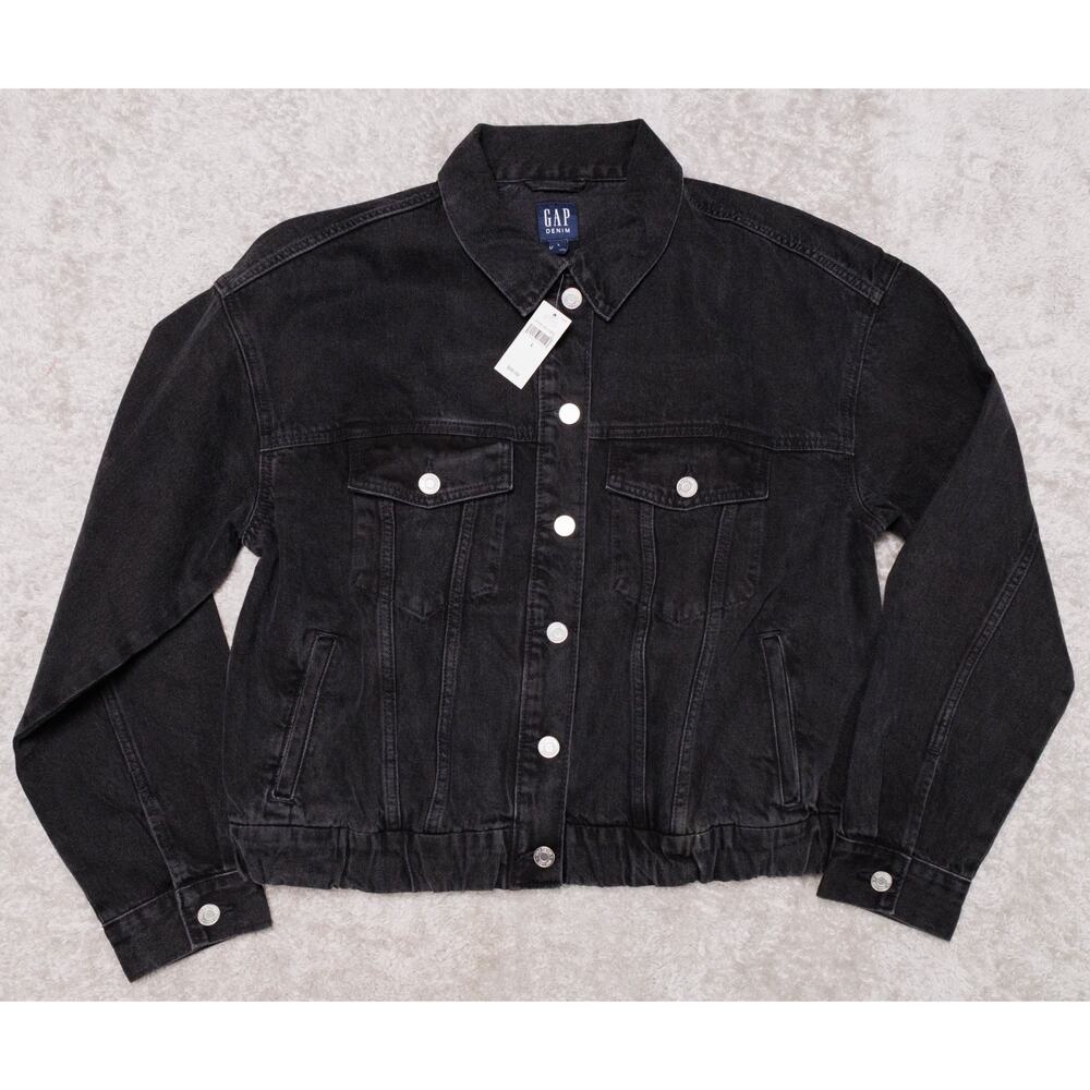 Gap Icon Black Washed Oversized Popover Denim Bomber Jacket Womens L NWT